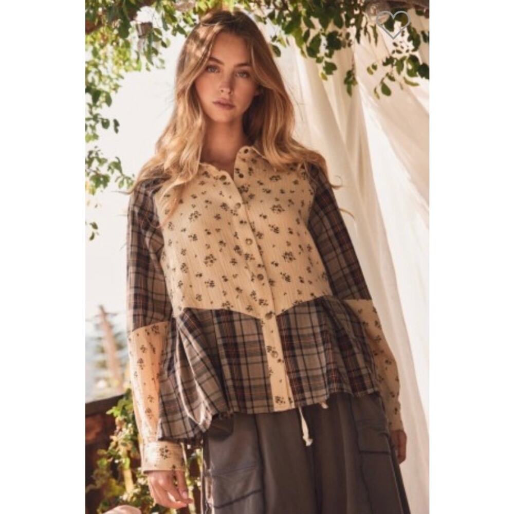 ODDI Floral & Plaid Mixed Print Button-Down Shirt | Taupe Combo | NWOT